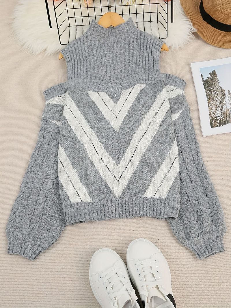 Women’s Oversized Geometric Color-Block Sweater – High Neck Long Sleeve Pullover With Relaxed Fit (Gray, Blue, 0XL-3XL)_voghion.com