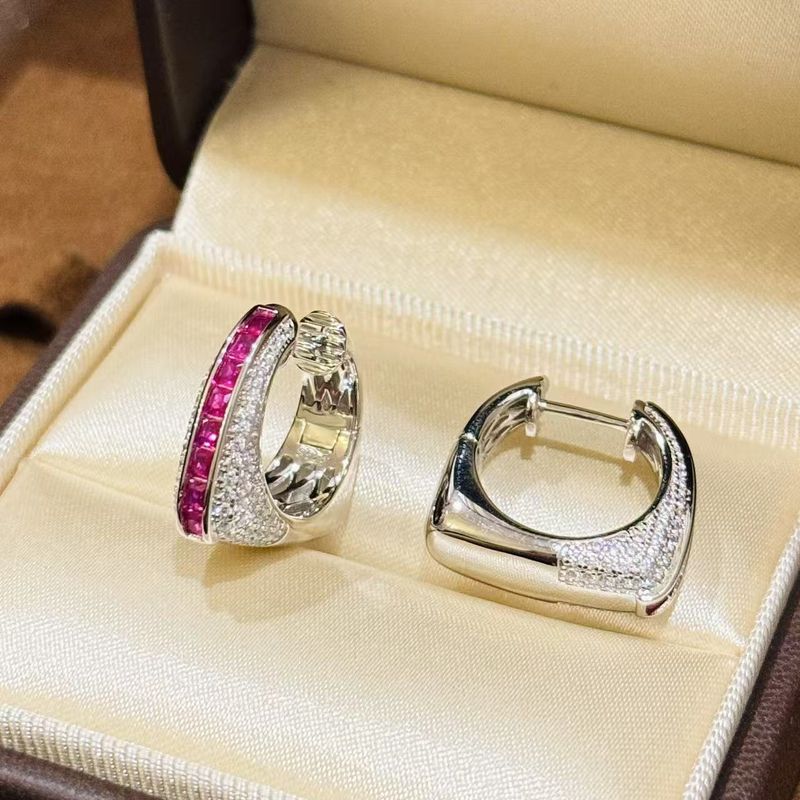 Dames S925 puur zilveren creolen - roze vierkante volle zirkonia met trapeziumvormig ontwerp, sprankelende zoete stijl_voghion.com