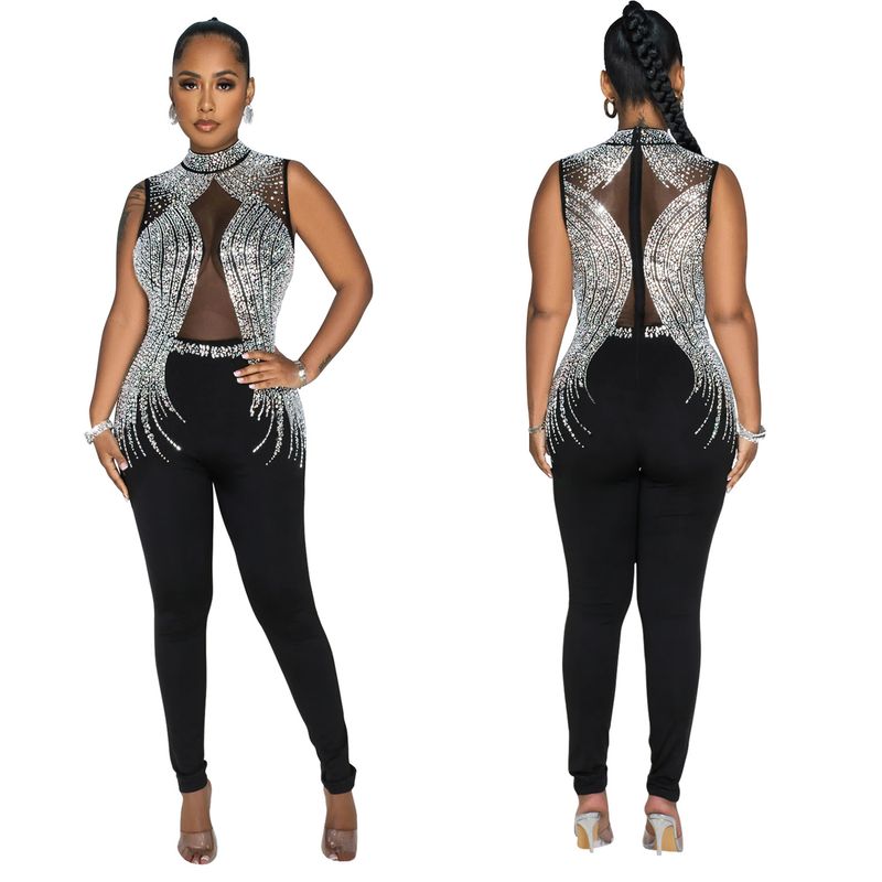Vêtements pour femmes mode femmes couleur unie maille presse perceuse sans manches pantalon combinaison_voghion.com