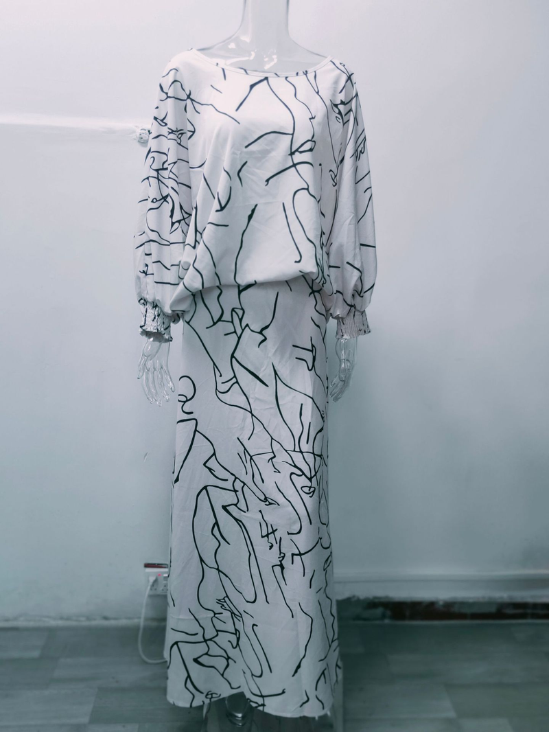 Feminino solto estampado manga longa top cintura alta tamanho grande saia longa terno_voghion.com