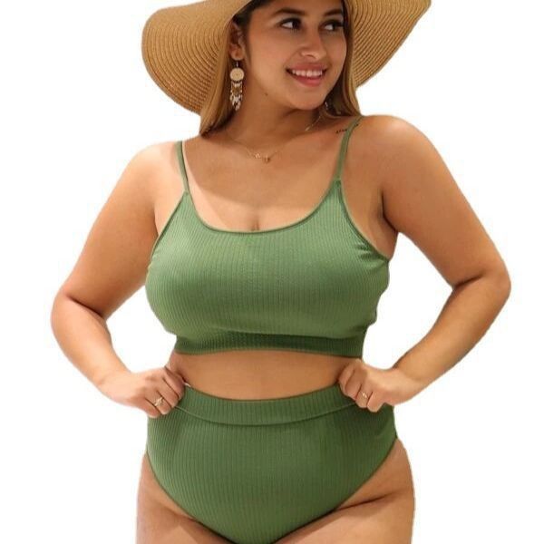 2024 Yeni Büyük Beden Bikini Düz Tatil Askılı Kadın Bölünmüş Mayo_voghion.com