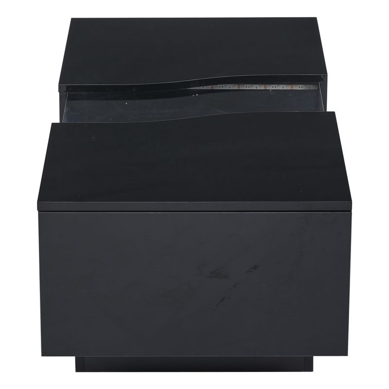 Table basse moderne à LED avec 2 tiroirs, 100 x 50 x 35 cm, plateau en acrylique noir brillant avec éclairage LED, table d'appoint en MDF pour salon et chambre._voghion.com