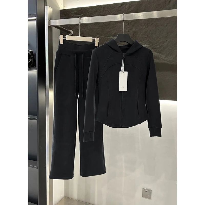 Abbigliamento da donna Tuta con cappuccio nero ispessita Tardo autunno e inizio inverno Indossa un set completo di abbigliamento sportivo casual in due pezzi_voghion.com