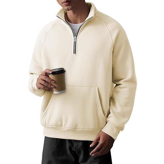 Herrenbekleidung Fleece-Kapuzenpullover mit Stehkragen und halbem Reißverschluss – Locker geschnittenes Langarm-Sweatshirt für den Winter (Weiß, Schwarz, Grau, Marineblau, Kamel)_voghion.com