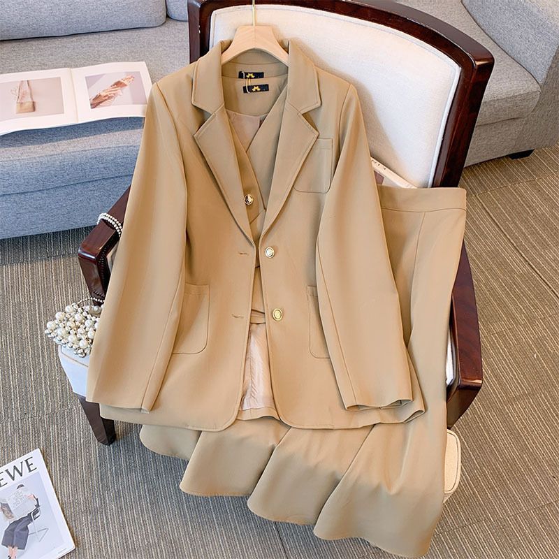 Conjunto de três peças feminino plus size, blazer casual profissional, colete e saia, novo estilo, outono 2024_voghion.com