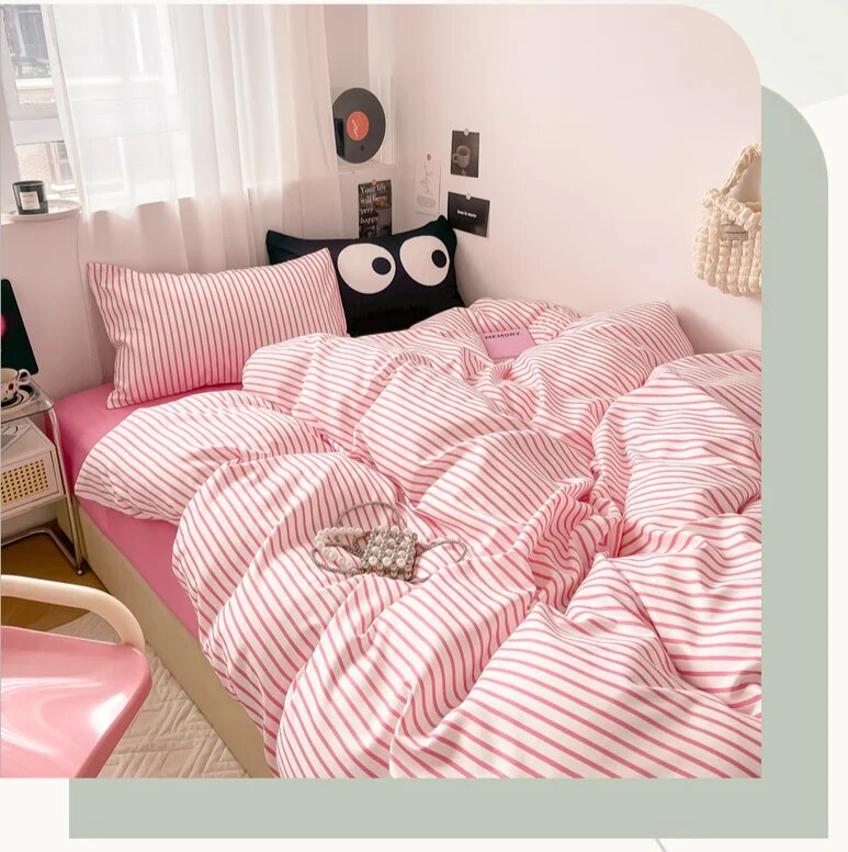 Summer Inns Sweet Cool Blog Stile principale Set di lenzuola a quattro pezzi a righe semplici colorate per la biancheria da letto del dormitorio degli studenti_voghion.com