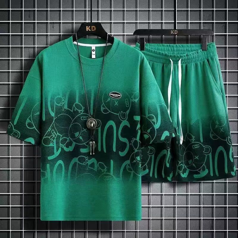 Herrenbekleidung Waffel Kurzarm Casual Sportanzug Herren Sommermode Trend Fünf-Punkt-Shorts Marke Gradient Zweiteiliger Anzug_voghion.com
