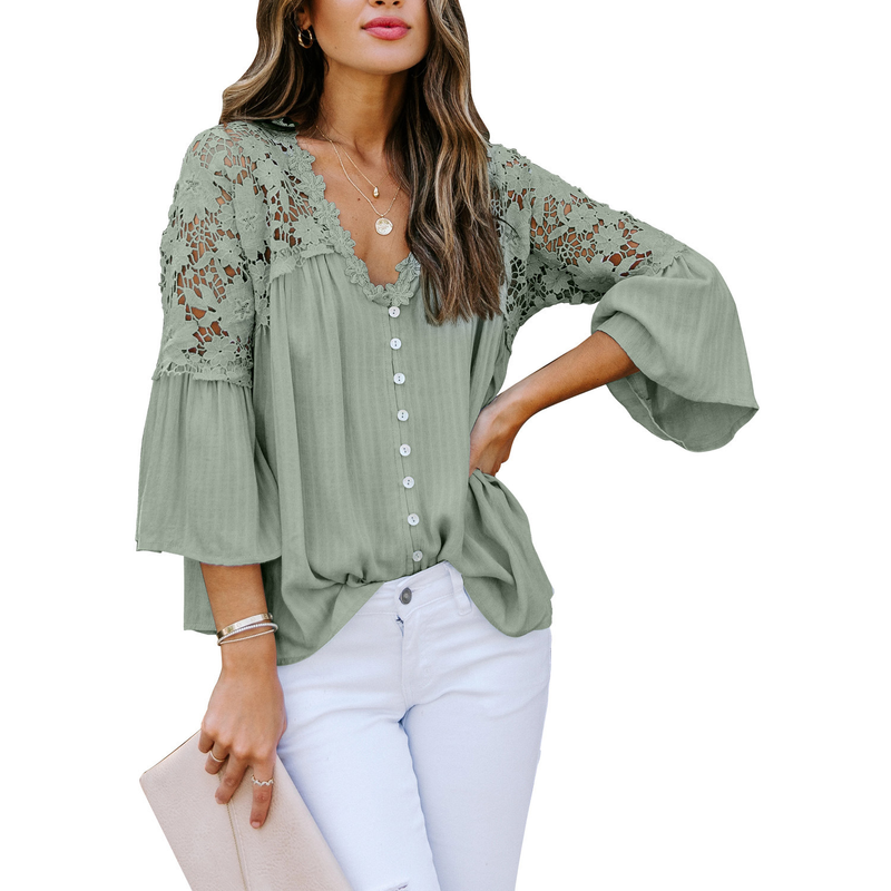 Damen locker grouss Gréisst Spitzenhemd Damen laangärmlech einfarweg déif V-förmlech Pullover Chiffonhemd Fabrécksdirektverkaaf_voghion.com