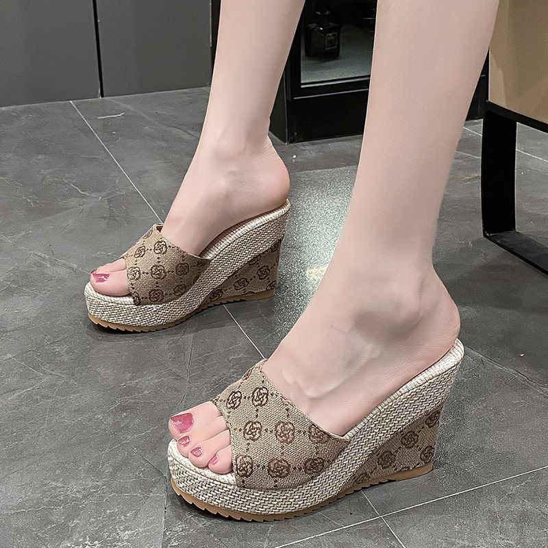 Pantofi de damă Sandale noi cu toc cu pană pentru femei Papuci cu talpă groasă cu floare de prun cu o linie pentru femei Papuci cu pană pentru femei_voghion.com