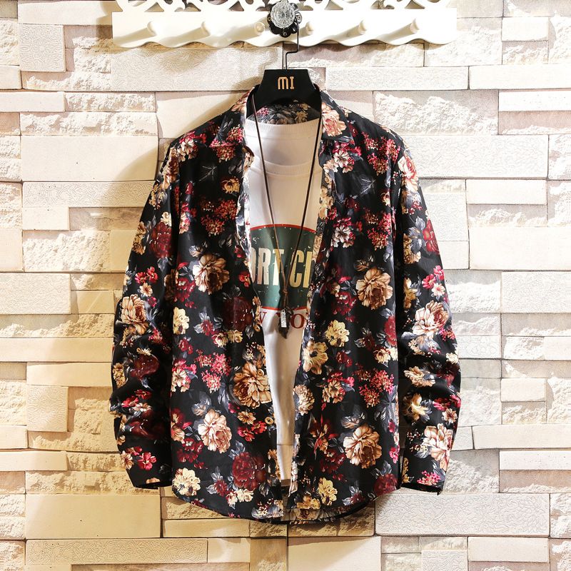 Spring And Autumn New Men's Printed Long Sleeve Floral Shirt_voghion.com