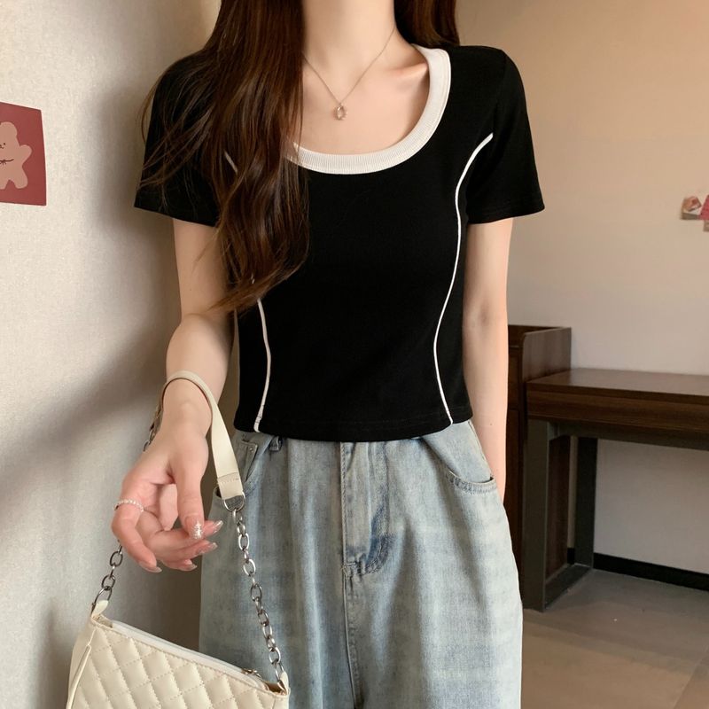 Shoulder sleeved T-shirt for women in summer, unique and chic color blocking, square neck shirt with contrasting colors,_voghion.com