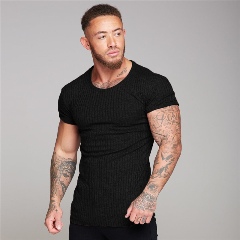 Sommer Herren Sport Fitness Kurzarm T-Shirt Freizeit Slim Fit Strickshirt Enges, superelastisches, atmungsaktives T-Shirt_voghion.com