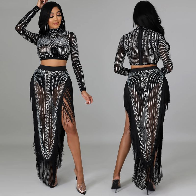 Vêtements pour femmes sexy discothèque chaude maille diamant transparente à manches longues fente longue jupe ensemble deux pièces_voghion.com