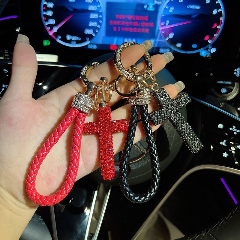 Nuovo portachiavi in ceramica e argilla con croce completa e ciondolo per chiave auto in corda intrecciata a mano con diamante, piccolo regalo._voghion.com