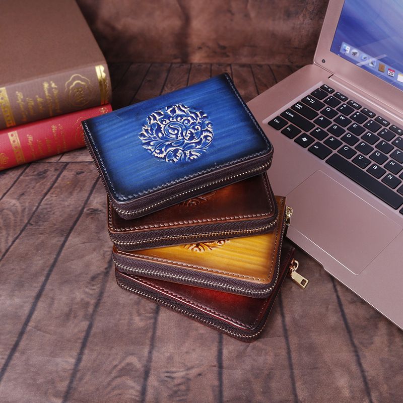 Erstlagiges Rindsleder, geprägt, handpoliert, geräumiges Reißverschluss-Akkordeon-Kartenetui, Retro-Ledergeldbörse_voghion.com