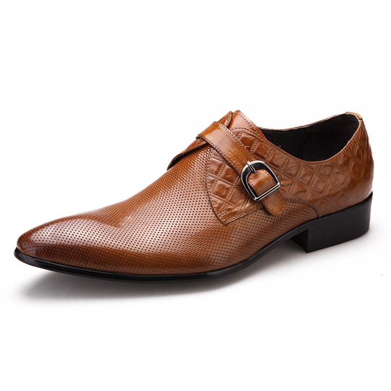 Euro Step New Semi-Hollow Summer Fashion Buckle Breathable Men's Pointed Toe Trendy Leather Shoes_voghion.com