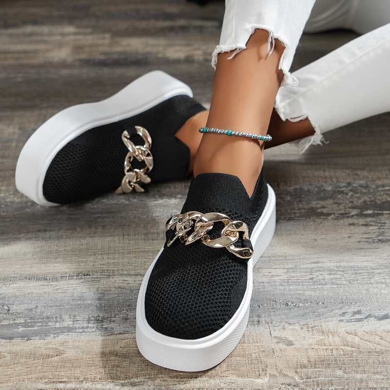 Women's Chain Decor Breathable Mesh Air Round Toe Flat Shoes, Girl's Slip On Loafers Women's Shoes_voghion.com