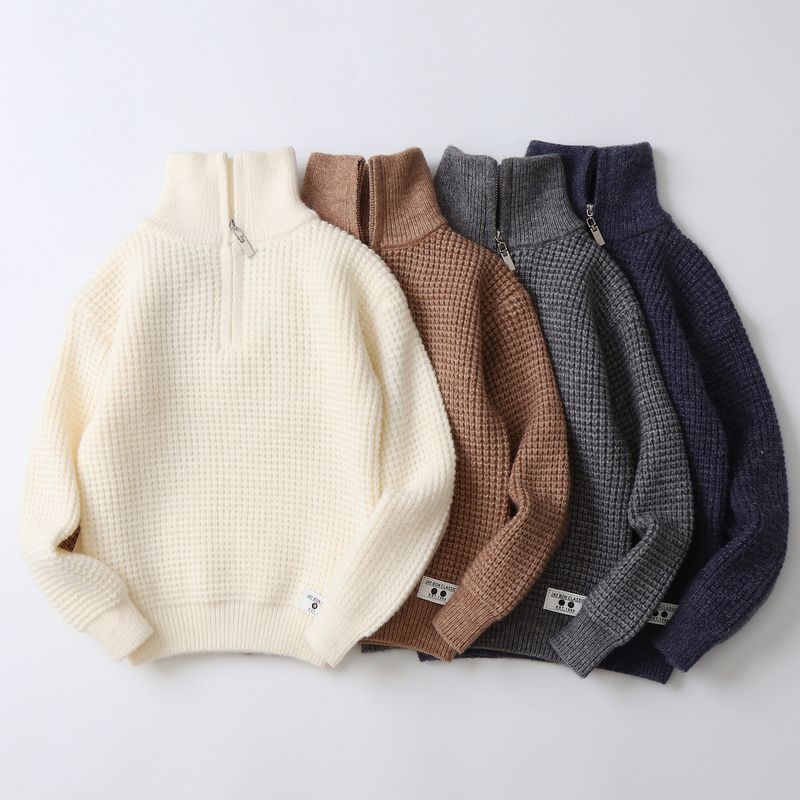 Mother & Kids Half-Zip Lambswool Sweater - Soft & Warm Winter Pullover For Big Kids (8+ Years), Classic Solid Colors (Cream, Coffee, Gray, Navy)_voghion.com