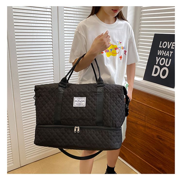 Large Shoe Compartment Travel Bag, Stylish Short Trip Tote With Diamond Quilted Design, Waterproof Gym & Yoga Duffel_voghion.com
