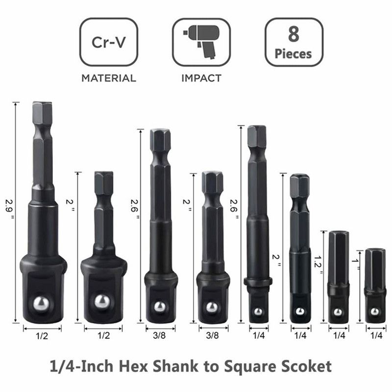 Ensemble d'adaptateurs et de réducteurs de douilles à impact 12 pièces Ensemble d'extension Adaptateur de perceuse à douille transforme la perceuse électrique en tournevis à écrou haute vitesse, 1/4_voghion.com