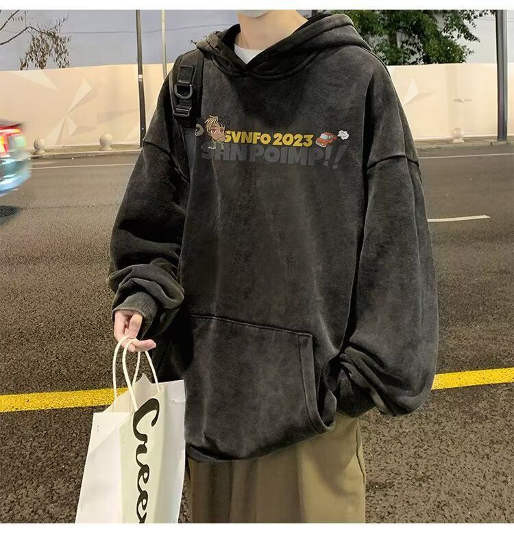 Felpa con cappuccio in composito con doppia tasca lavata americana per uomo e donna, pullover hip-hop, autunno e inverno spesso e largo_voghion.com
