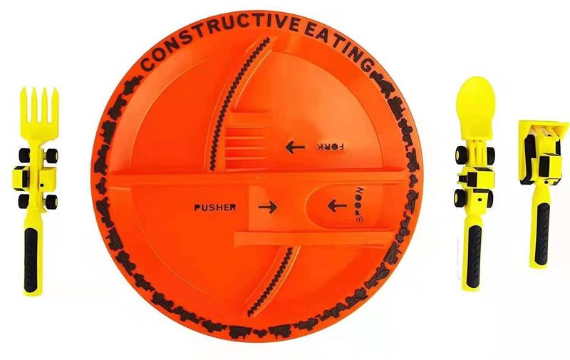 Set di stoviglie per bambini con veicoli da costruzione: 3 pezzi: bulldozer, escavatore, carrello elevatore, piatto e posate per bambini piccoli_voghion.com