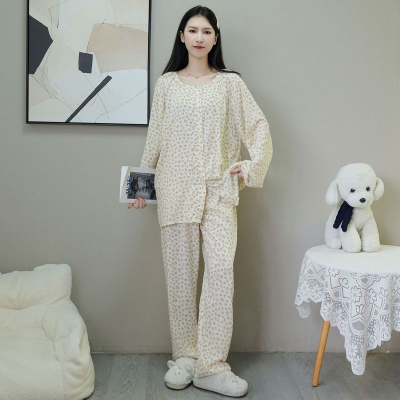 Women's Sleepwears Cotton silk pajamas large size long sleeve trousers home cardigan suit_voghion.com