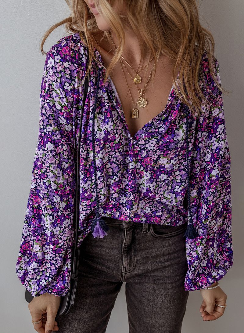 Shiying fashion floral print V-neck pullover chiffon shirt for women's early autumn new style temperament versatile long_voghion.com