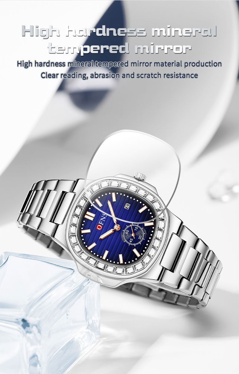 Elegant vierkant dameshorloge met kristallen, datumweergave, lichtgevende wijzers en roestvrijstalen band. Dameshorloge met quartzhorloge en kalender._voghion.com