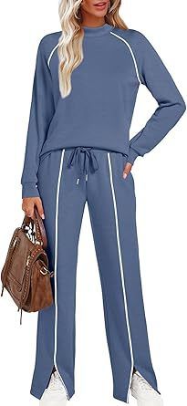 Felpa casual da donna con spacco sulla gamba e pantaloni elasticizzati a maniche lunghe con scollo tondo 2025_voghion.com