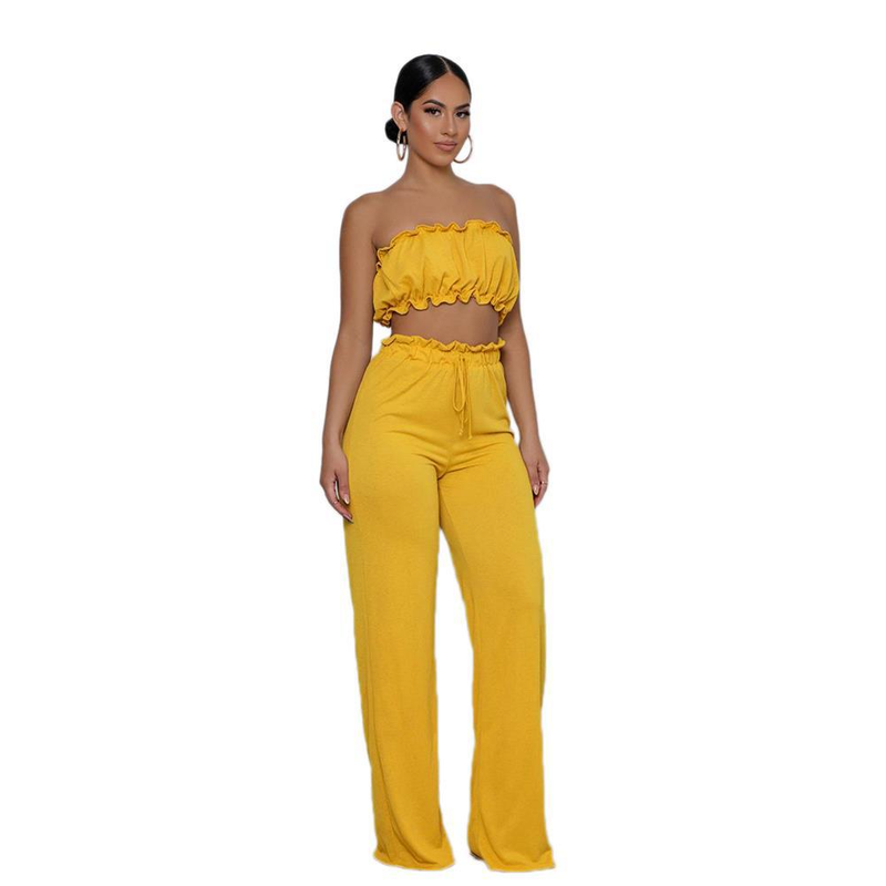 Ensemble deux pièces pour femmes, haut tubulaire et pantalon, couleur unie, décontracté_voghion.com