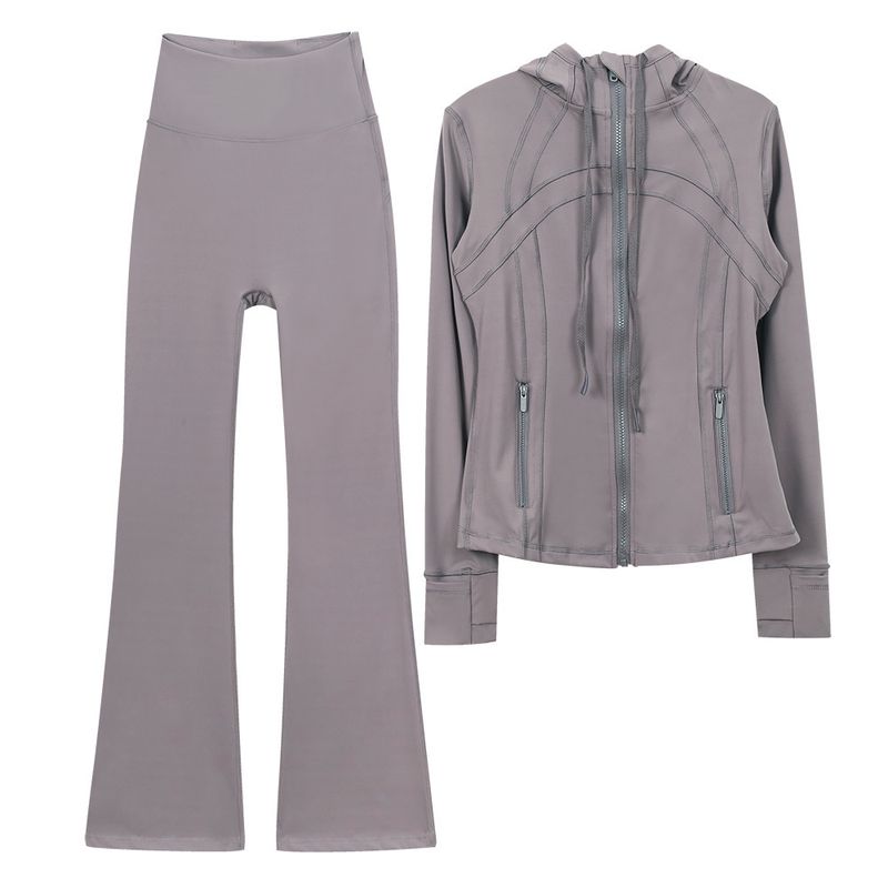 In Stock Hooded Flared Jacket Set Top Long Sleeve Women Tight Elastic Fitness Sports Running Yoga Outfit_voghion.com