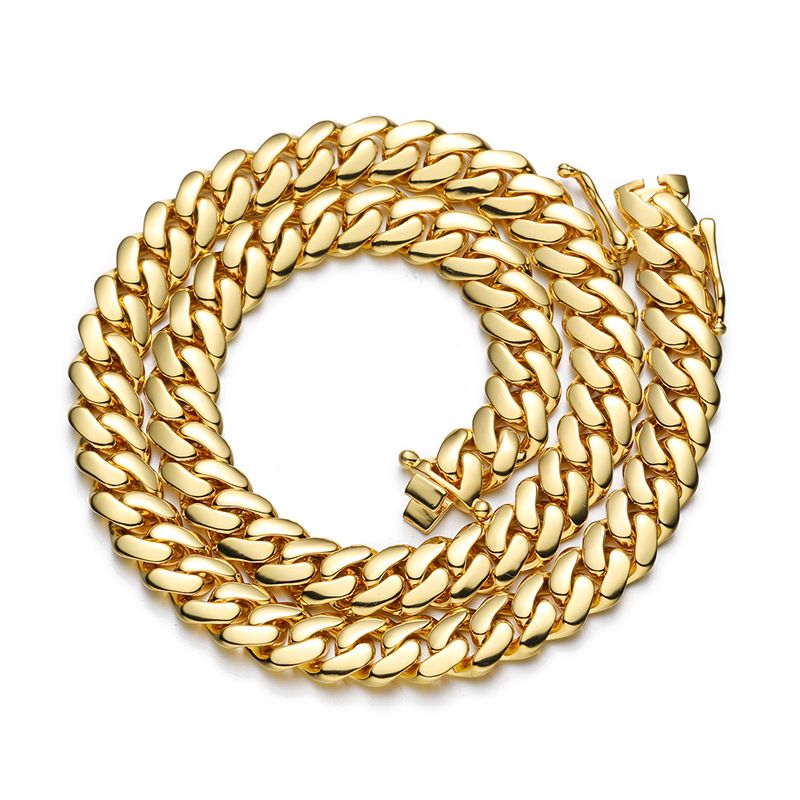 Men's Jewelry 10/12/14/16/18/20/22mm Width Smooth Large Cuban Chain Copper Plated Real Gold Butterfly Buckle Necklace_voghion.com