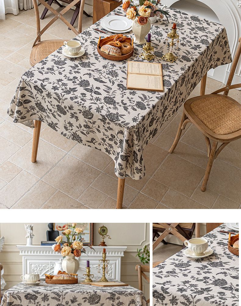 Blue Floral Tablecloth - Cotton Linen Rectangular Cover (Scandinavian Style Vintage Farmhouse Photo Backdrop Dorm Decor)_voghion.com