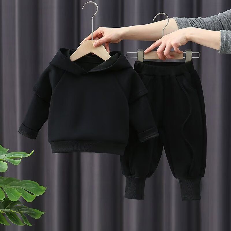 Conjunto de chándal con capucha y forro polar suave para niños de 3 a 8 años, unisex, cálido conjunto de chándal de invierno, jersey y pantalón abrigados (negro/caqui)_voghion.com