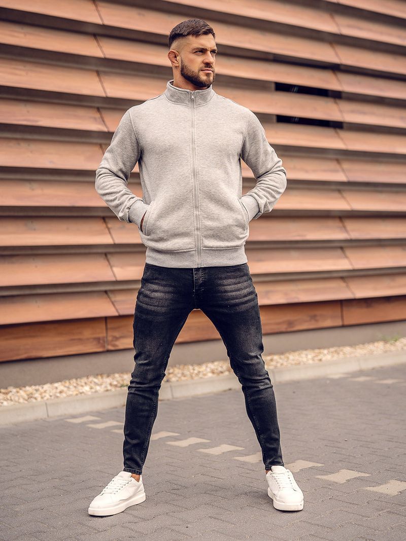Giacca casual da uomo in pile con cerniera completa e collo alto, con tasche laterali - Pullover leggero e caldo per autunno e inverno (nero, grigio chiaro)_voghion.com