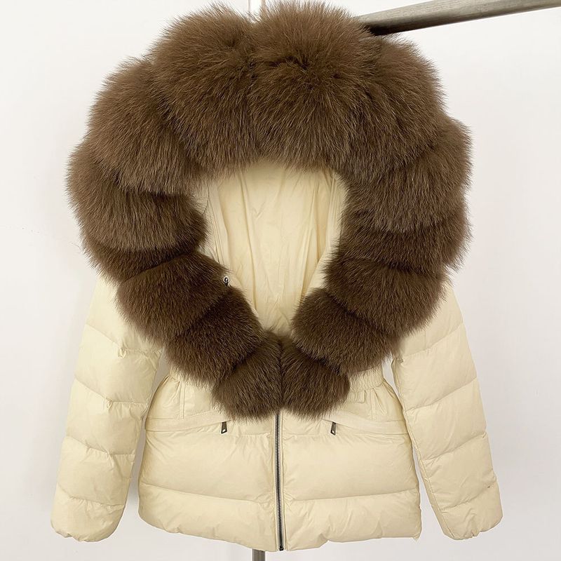 Nuovo stile caldo del commercio estero, giacca corta da donna con collo in vera pelliccia di volpe, giacca in piumino con vita sottile e spessa_voghion.com