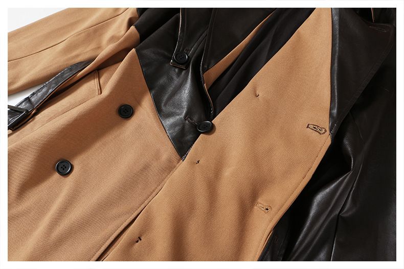 Women's Clothing Spliced Leather Trench Coat Women's Long Style Temperament Over Knee Lace up Waist Khaki Color Splicing Temperament 1396_voghion.com