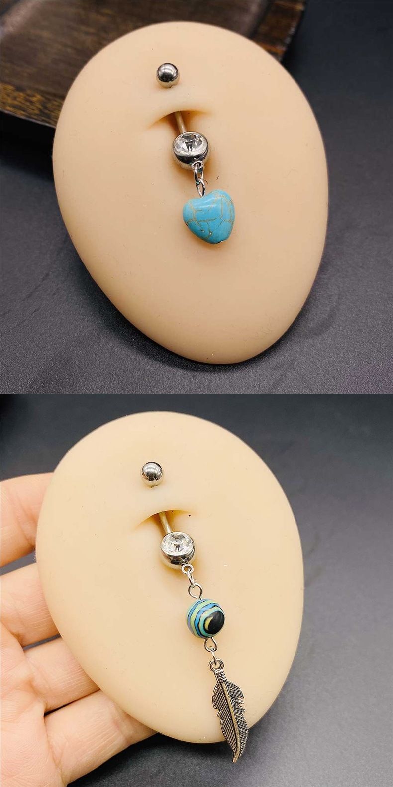 Nuovo piercing all'ombelico con ciondolo a forma di piuma turchese in acciaio inossidabile, a forma di cactus, farfalla, cuore, stella marina_voghion.com