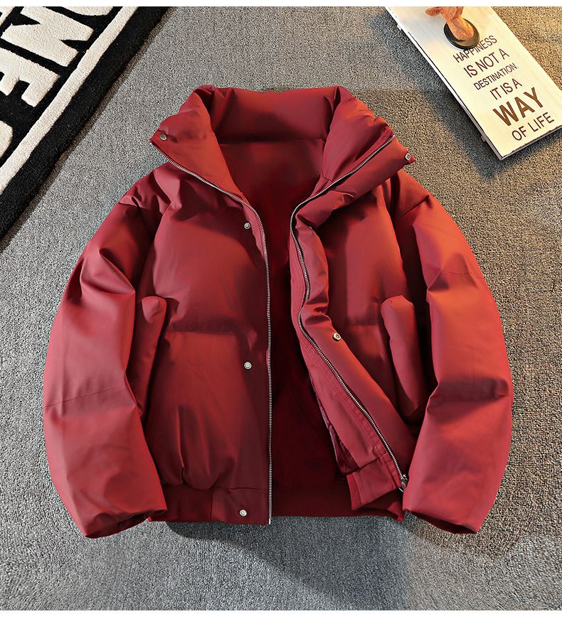 Men's Winter Shiny PU Puffer Jacket - Lightweight Warm Stand Collar Coat, Unisex Short Zip-Up Outerwear For Daily Wear (White, Beige, Black, Red)_voghion.com
