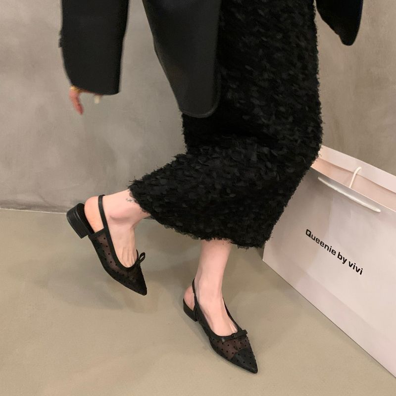 Französische Sandalen mit niedrigem Absatz und Schleife, Peeptoe, Feen-Design, neu, Sommer, atmungsaktive Mesh-Flachschuhe_voghion.com