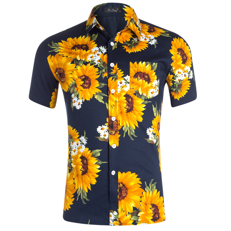 Unschlagbare Qualität Hawaii-Cardigan, US-Sonnenblumen-Print-Hemd, Großes Herren-Strandhemd mit Anhänger-Feeling_voghion.com