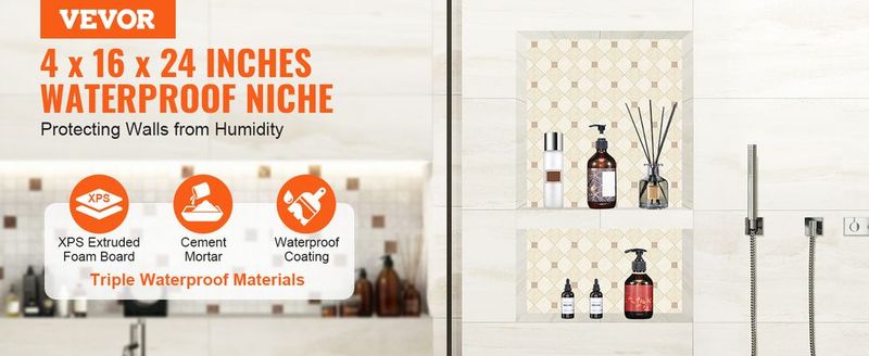 VEVOR Shower Niche Ready For Tile 16" X 24", Double Shelf Organizer, Square Corners Wall-inserted Niche Recessed, Sealed Protection Modern Soap Storage Niche For Shower Bathroom, Black_voghion.com