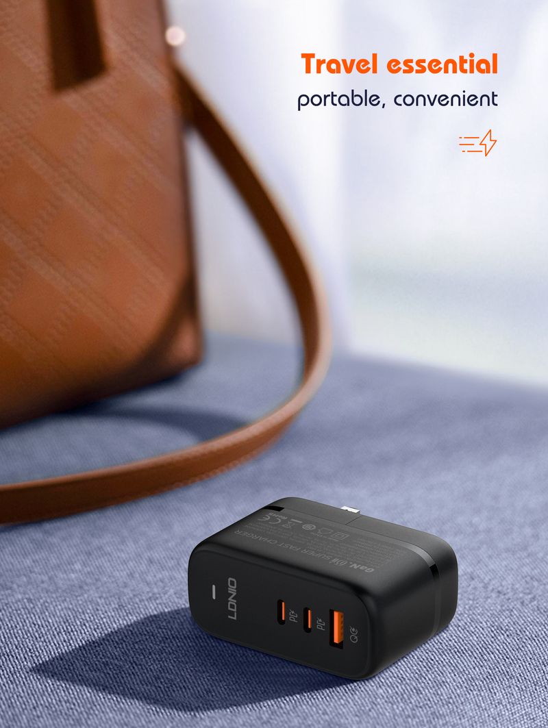 65W USB C GaN Charger With 3 Ports International EU UK US AU Travel Plug Adapter Power Cord_voghion.com