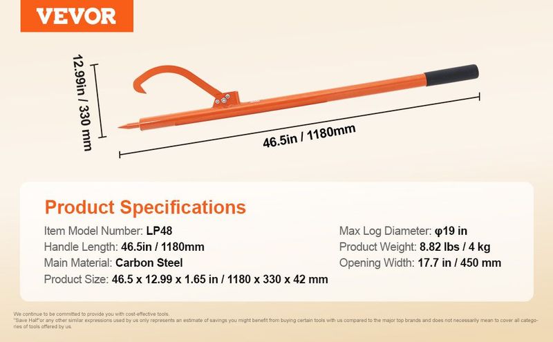 VEVOR Log Peavey 46.5 In Metal Handle Log Lifter Max 19 In Opening Log Roller_voghion.com