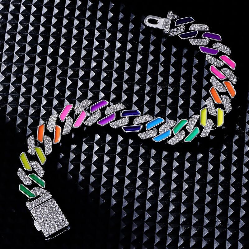 Cuban personality hip-hop hip-hop dance trend is more than rainbow, several colors alloy inlaid white diamond bracelet_voghion.com