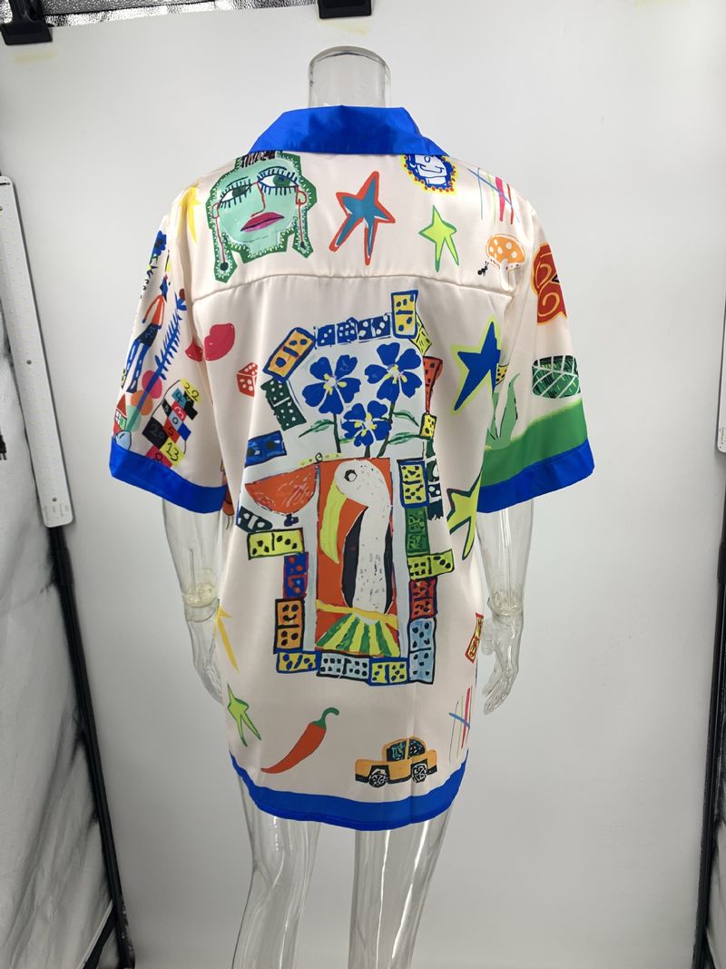 Vêtements pour femmes, chemise à revers en satin imprimé graffiti, manches courtes + pantalon, costume deux pièces décontracté_voghion.com