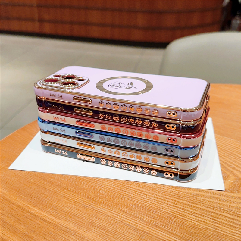 15 Pro Max Magsafe placcatura magnetica custodia per telefono fiore rosa per iPhone 11 12 13 14 Plus copertura protettiva per obiettivo_voghion.com