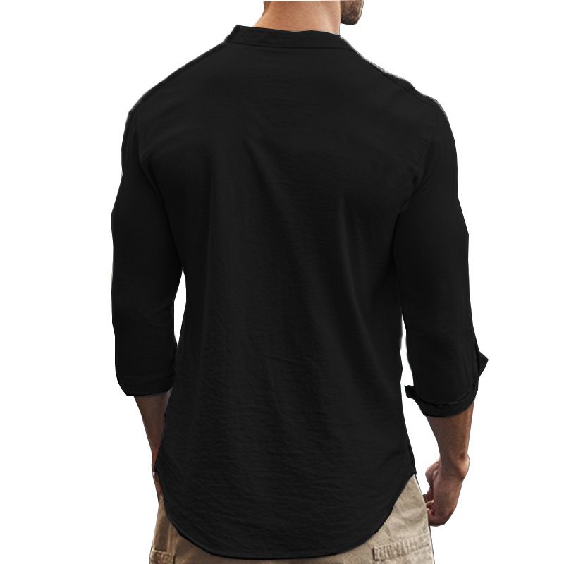 Camicia da spiaggia a maniche lunghe, semplice, traspirante, in lino, casual e ampia, da uomo, stile hawaiano, stile transfrontaliero americano._voghion.com