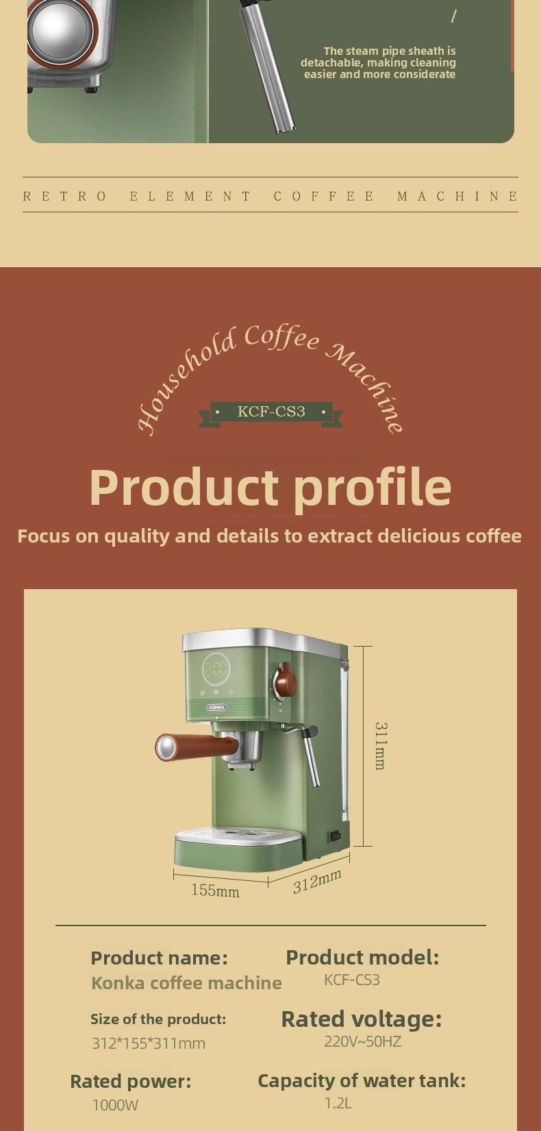 Konka Cross-Border Italian Semi-Automatic Extraction Espresso Home Small Handle Capsule Coffee Machine_voghion.com